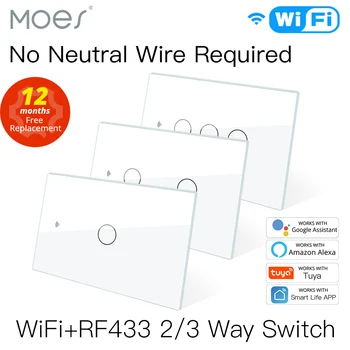 MOES WiFi 스마트 라이트 스위치 RF433, 일반 와이어 없음, 단일 화재, 스마트 라이프, Tuya 앱 제어, Alexa Google Home 110/220 v와 함께 작동