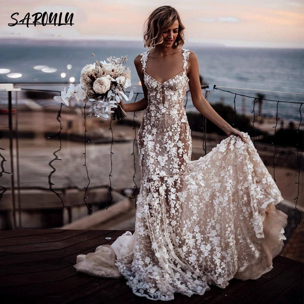 robe de mariée Luxury Appliques Transparent Wedding Dress V Neck Backless Lace Plus Size Spaghetti Straps Floral Bridal Gowns