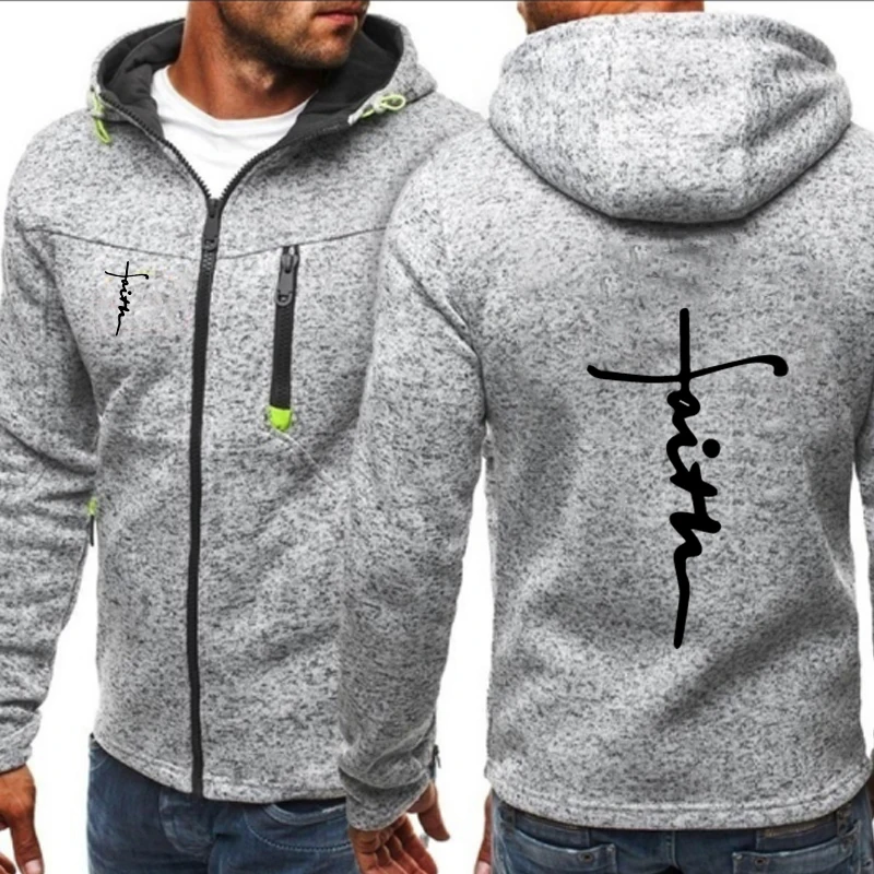 2023 Men's Autumn Fashion faiths Printed Hooded Jacket Winter Fleece Sweatshirts Knit Zipper Long Sleeved Pullover Hoodie