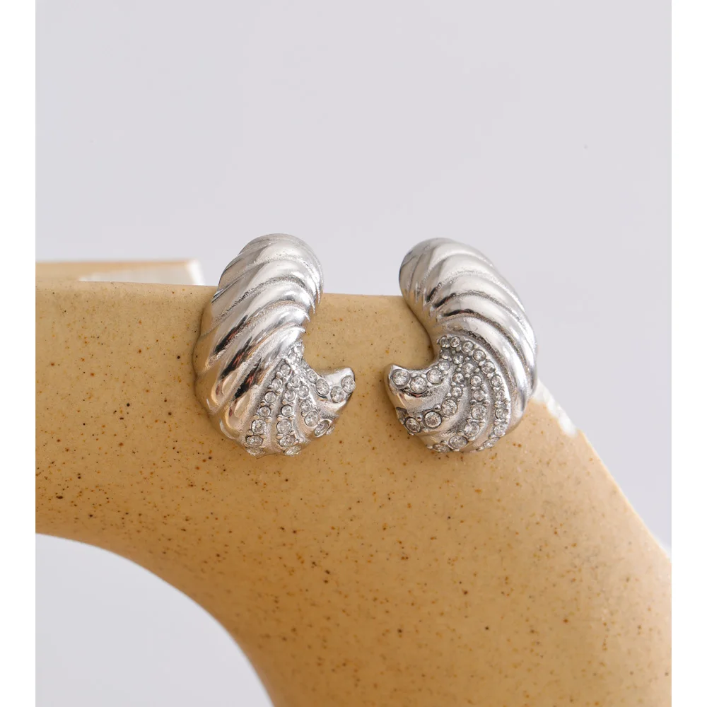 Yhpup Stainless Steel Zirconia Croissant Stud Earrings Women