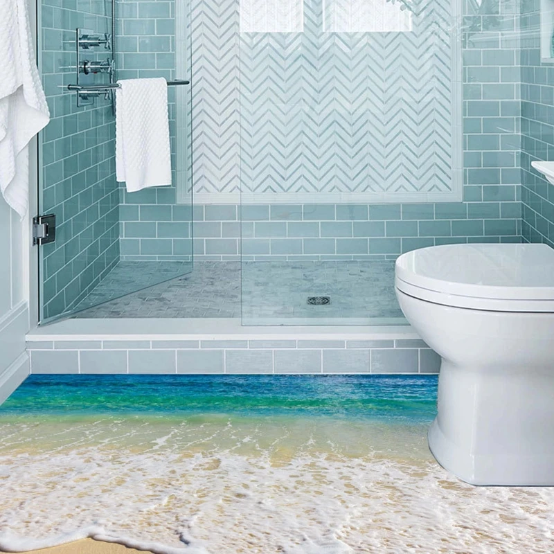 3D Ocean Wall Decal Removable Wallpaper Waterproof 3D Blue Sea Beach Floor Sticker for Bathroom Bedroom Themed Decor