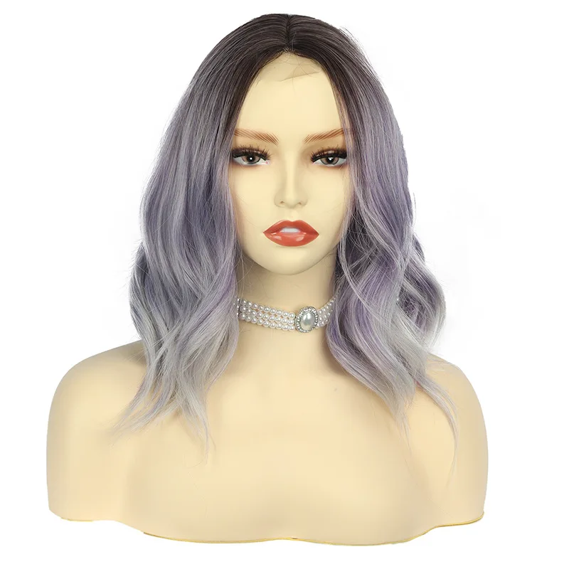 Fashion short curl synthetic wig female front lace gradient purple curly hair daily use full head set natural heat resistant wig