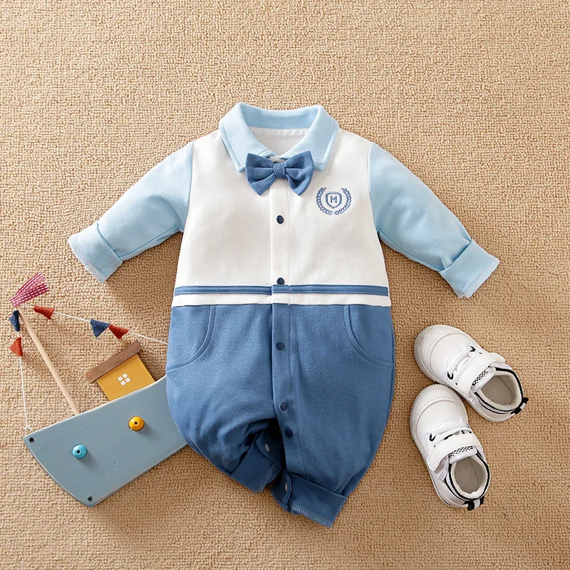

Keescewow 2022 New Baby Dinner Gentleman Jumpsuit Newborn Blue Long Sleeve Formal Bodysuit