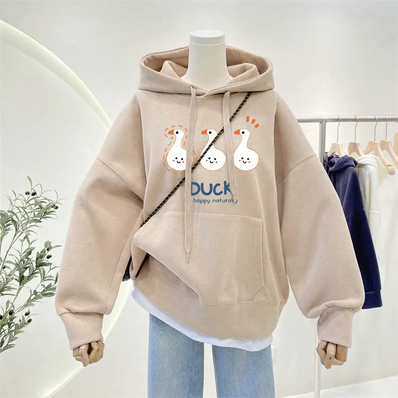 

American Retro Vintage Duck Hoodie for Women, Autumn, Winter Oversized Hoody, Thin and Plush, Thickened Ins Trendy Pullover Coat