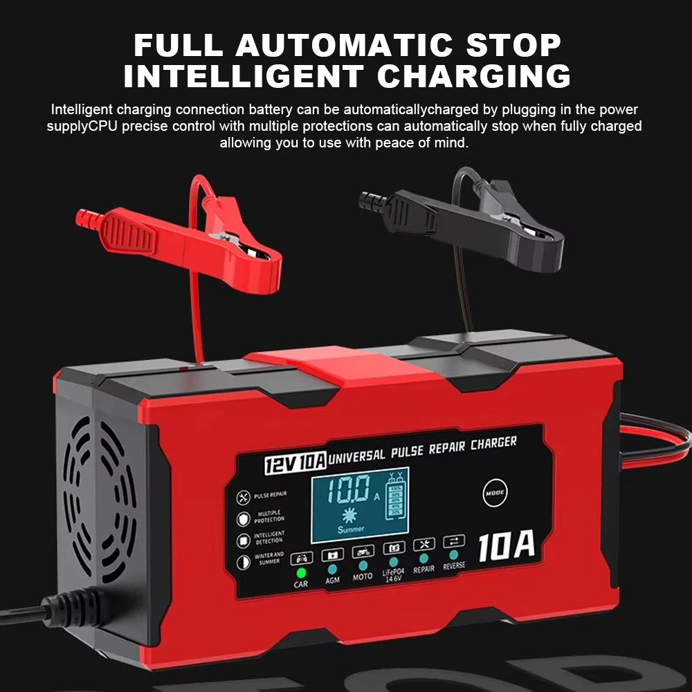 12V 15V10A Car Battery Charger Electric Motorcycle Charger Lifepo4 lead-acid AGM GEL PB intelligent Lithium Battery Repairer