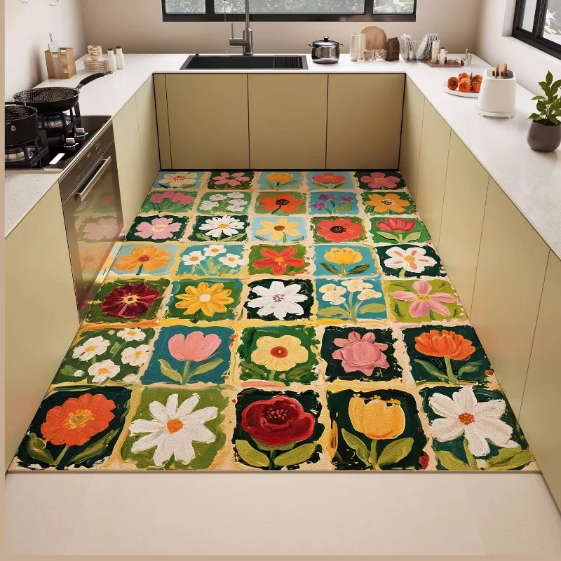PVC Kitchen Floor Mat Modern Floral Geometric Oil-proof Waterproof Bathrooms Carpet Dirty Resistant Easy Clean Balcony Rug Tapis
