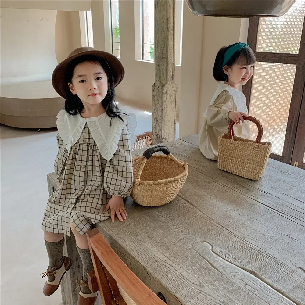 Girls Clothes Casual Dress Spring Autumn Korean Cotton Linen Girls Princess Plaid Dress 2pcs girls dress princess costume
