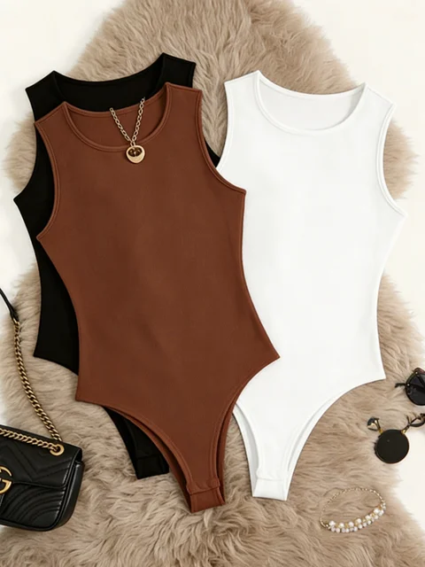 Conjunto de 3 Bodys de Mujer, Cuello Redondo, Acanalados, Sin Mangas, Ajustados, de Una Pieza 5