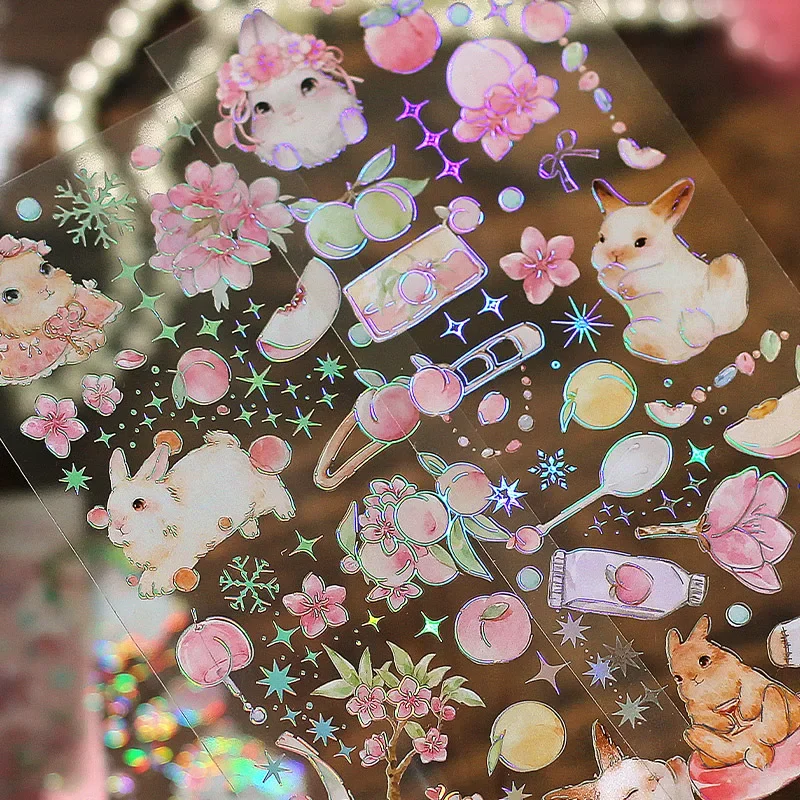 3pcs Decorative PVC Stickers Pack Kawaii Strawberry Cat Dog Rabbit INS Animal Scrapbooking Label Diary Cup Phone Journal Planner