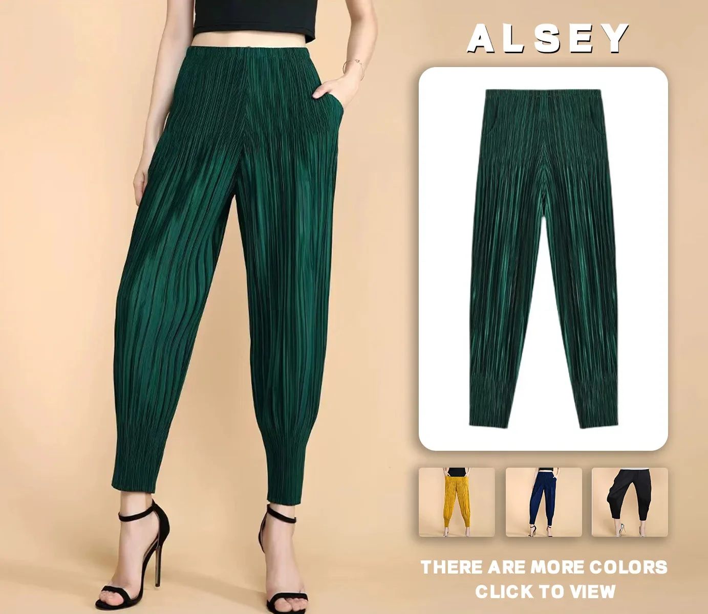 

ALSEY Miyake Pleated Radish Harem Pants Women Summer Casual Loose Thin Section Solid Color with Pockets Elastic Waist Trousers