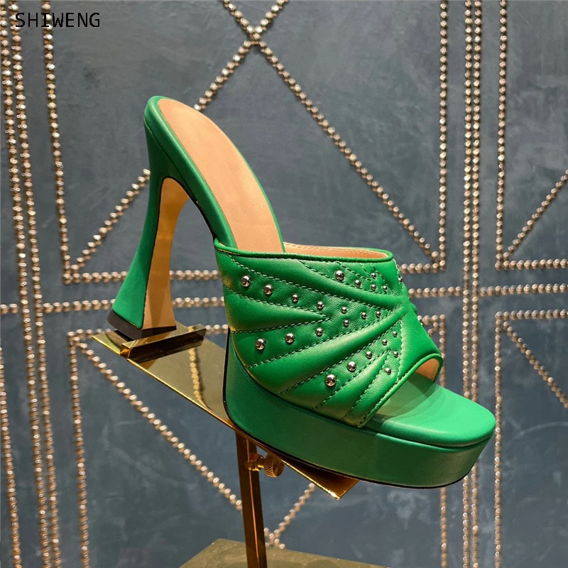 

2023 Summer Green High Heel Slippers Women Platform Sandals Leather Peep Toe Slip On High Heels Casual Beach Slide Shoes Femal