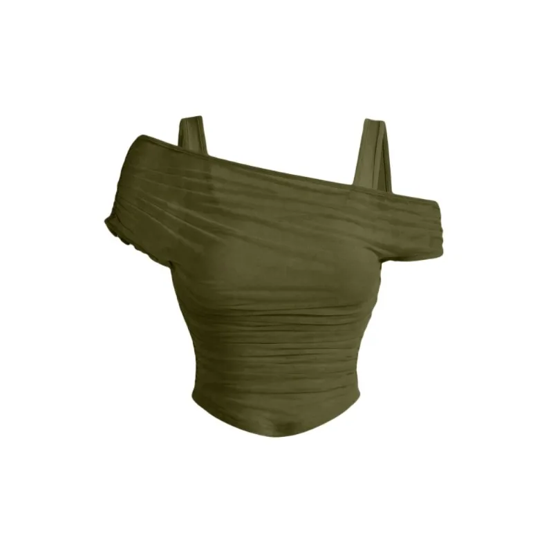 Nouveau été femmes T-shirt Sexy à manches courtes mode T-shirts Slash cou plis haut court décontracté Streetwear moulante solide basique T-shirts