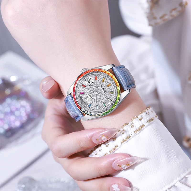 【START】Rainbow Diamond Watch Men's and Women's Watch Mechanical Watch 36MM Unisex Size Lizard Leather Strap Week Function