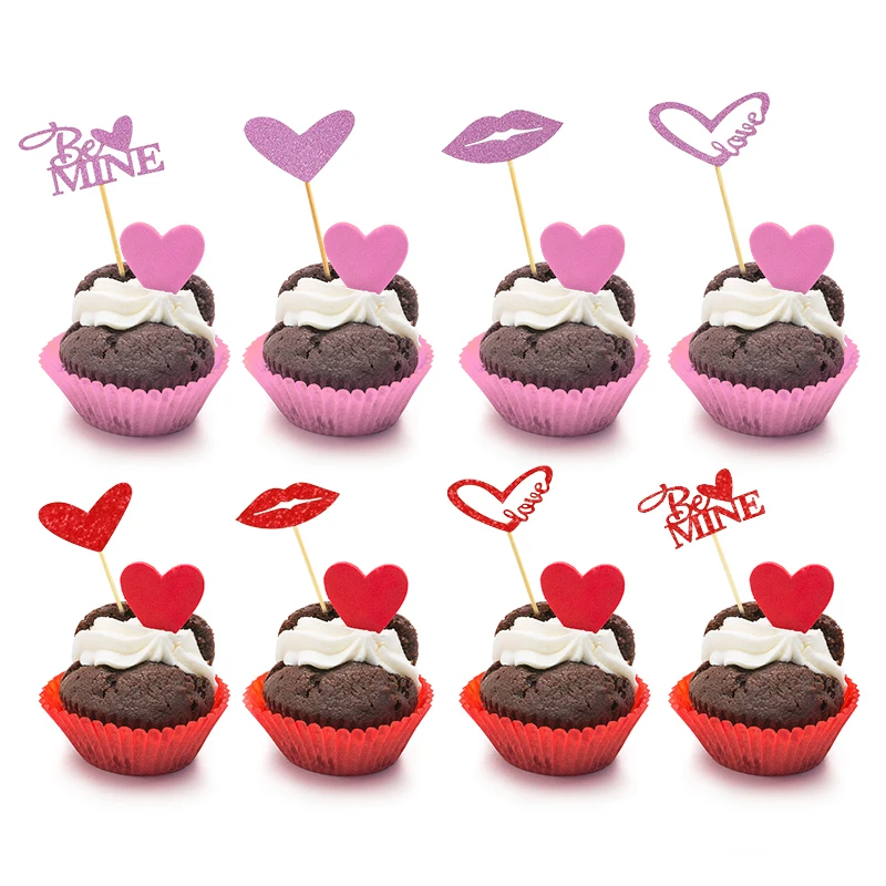 12pcs/set Heart Shaped Cupcake Toppers Red Love Be Mine Glitter ...