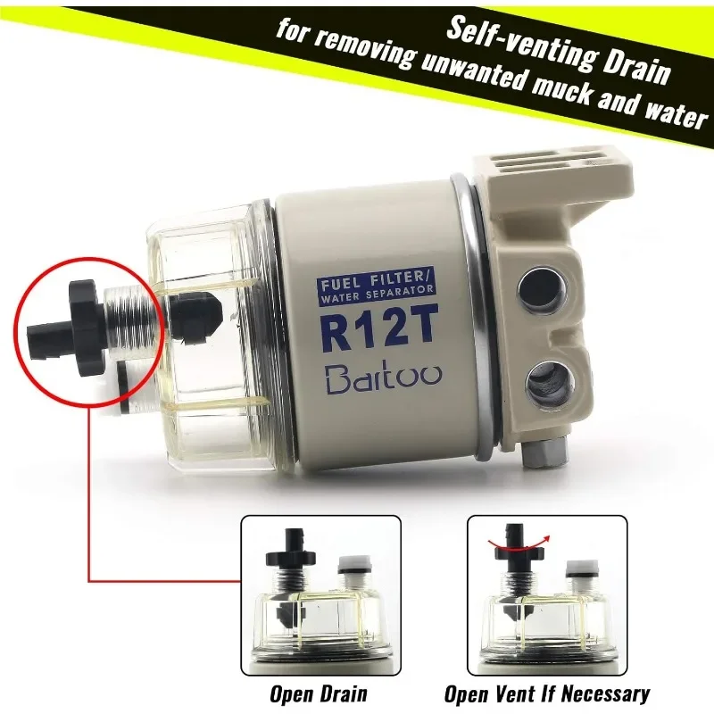 R12T Fuel Water Separator Marine 10 Micron Fuel Filter Marine Parts Replace S3240 120AT NPT ZG1/4-19 Fit 3/8-inch NPT Outboard
