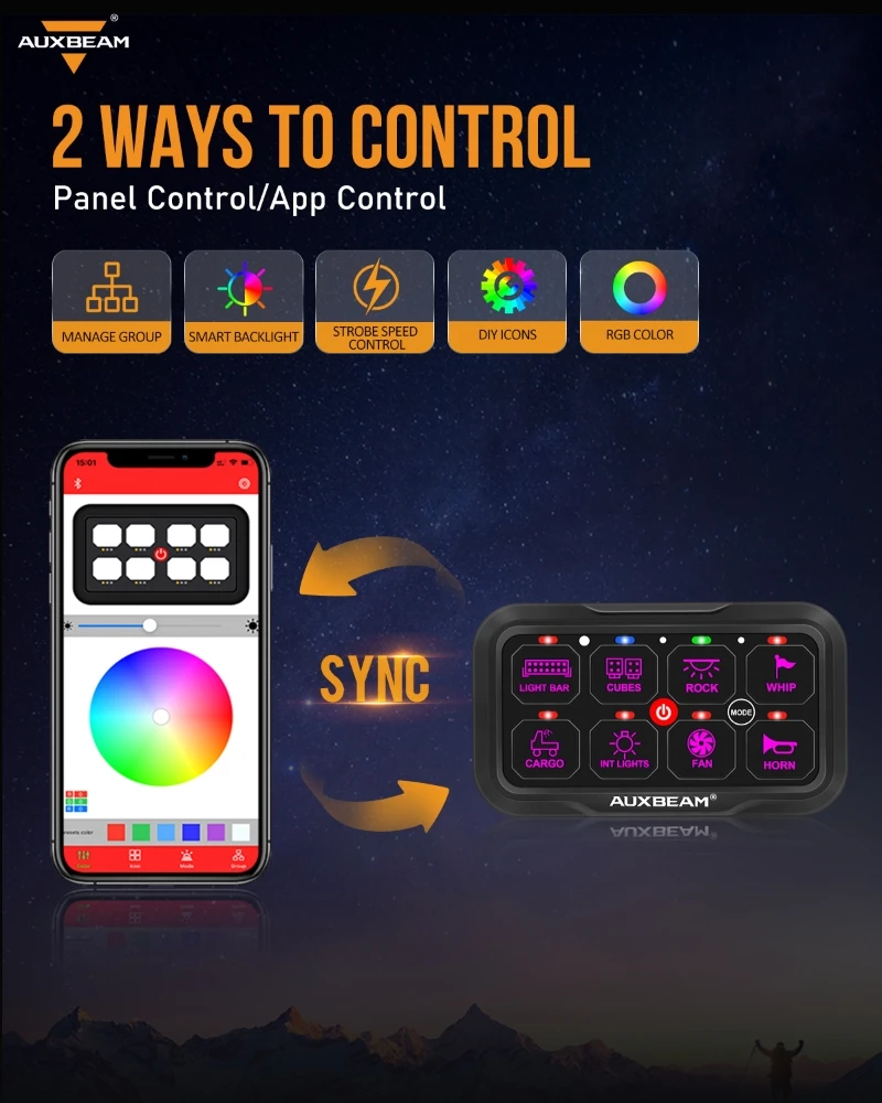 AUXBEAM 8 ギャング RGB LED オンオフスイッチパネル Bluetooth APP