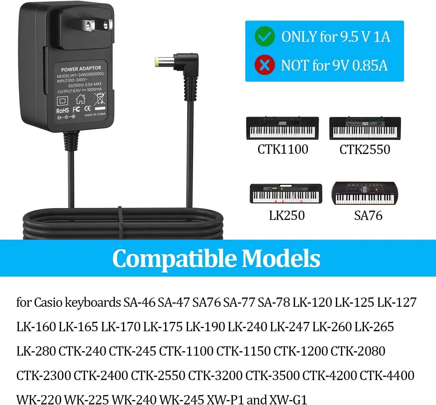 Cabo adaptador de alimentação extra longo, carregador para teclado Casio, ADE95100LU, SA-46, SA-47, SA-76, SA-77, SA-78, CTK-2080, 9.5V, 1A