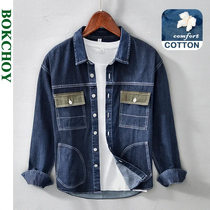 

Spring and Autumn New Men Stitching Denim Jacket Trend Retro Color Matching Shirt Blue Cotton Casual Workwear Jacket BL908