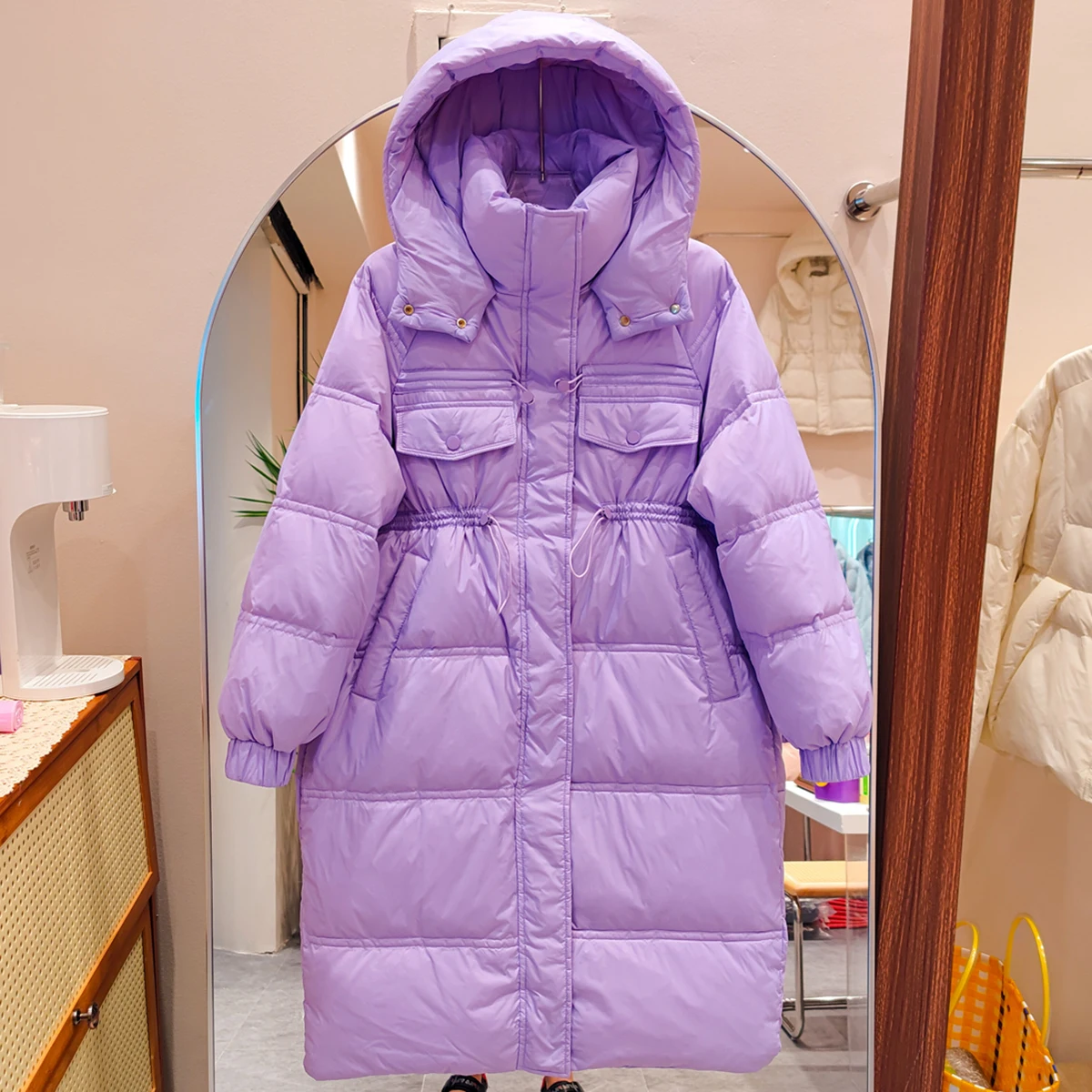 

2023 New Winter Down Jacket Women's Fashion Long Sleeve Over Knee Hooded Thickened Waist Casual Warm White Duck Down Coat L242