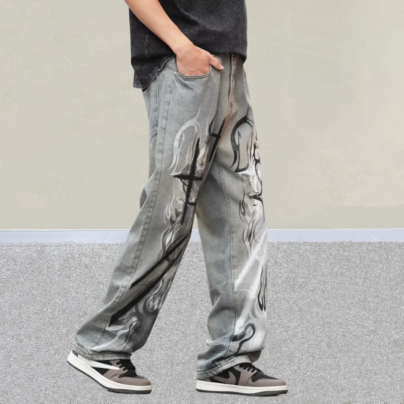 2026 Cyber Y2K Style Flammen-Graffiti Distressed Blaue Baggy Jeans für Herren – Neue Rock Dark Streetwear Denim-Hose – Detail 9