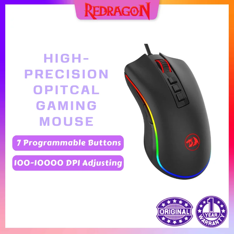 

Redragon M711 Cobra RGB Gaming Mouse White Version, 10,000 DPI Wired Optical Mouse with High Precision Inputs, 7 Macro Button