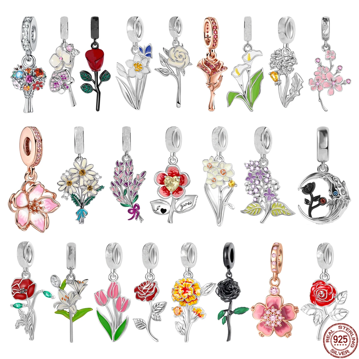 

Rose Tulip Lilac Lavender Daisy Moth Orchid Flower Dangle Charms Beads 925 Sterling Silver Fit Original Pandora Bracelet Jewelry