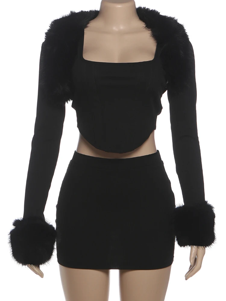 Nibber Sexy Hottie 3Piece Set Women Luxury Fur Patchwork Shawl+Tank Top+Peach Hip Skirt Matching Skinny Clubwear Fashion Outfits