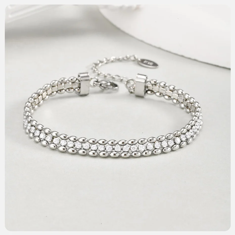 Vnox Damen-Armband, goldfarben, silberfarben, gewebt, Zirkonia, Edelstahl, Doppelperlen, Kette, Schmuck, Accessoires, Charm-Armband – Detail 8