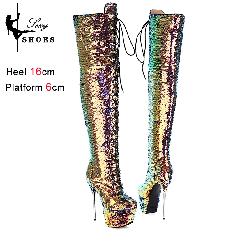 Pole Dancing Women Boots Bling Sequined Glitter Over-the-Knee Thigh Boots 16CM Thin High Heels Winter Short Plush Platform Shoes