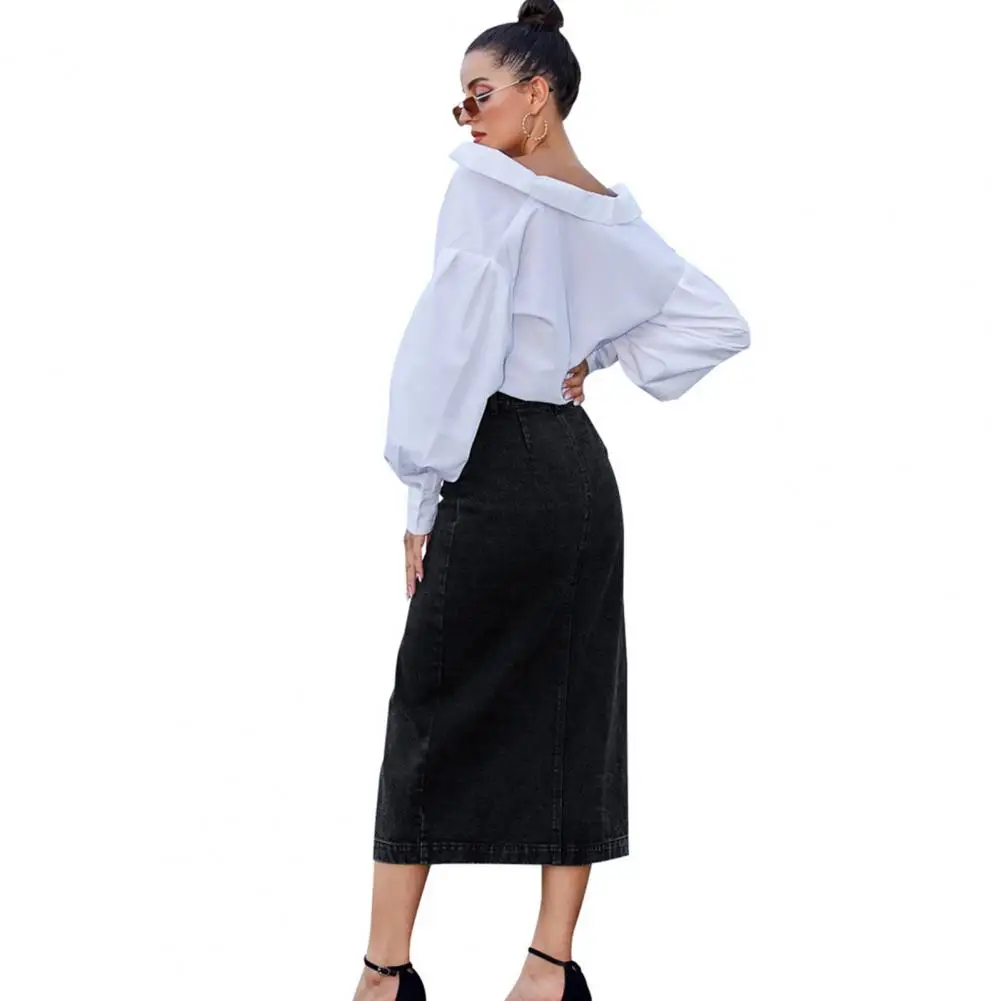 

Streetwear High Waist Denim Skirt with Irregular Slit Button Placket Stylish Calf-length Streetwear for Women for Office Commute