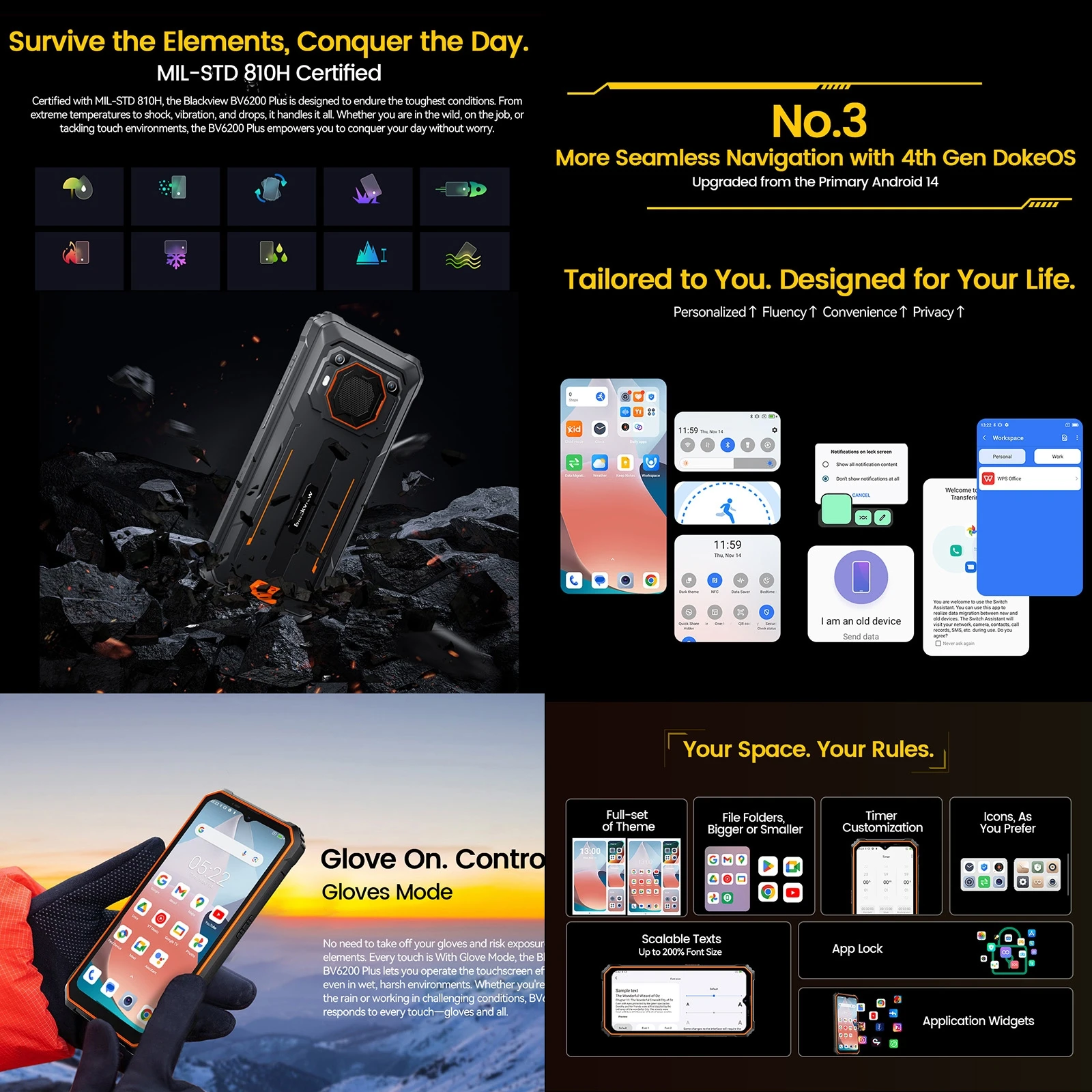 Blackview BV6200 Plus Rugged Phone 11000mAh 6.56'' HD+ Display Octa Core T606 8GB 256GB 16MP Camera Android 14 Smartphone NFC 4