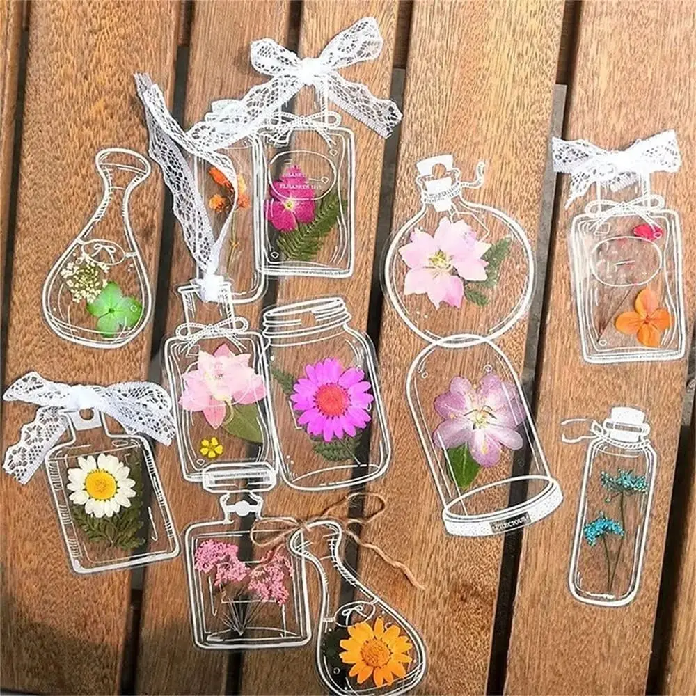 20 Pcs Transparent Dried Flower Bookmarks Glassware Shape Herbarium Bookmarks Flower Page Clips Reading Mark Stickers