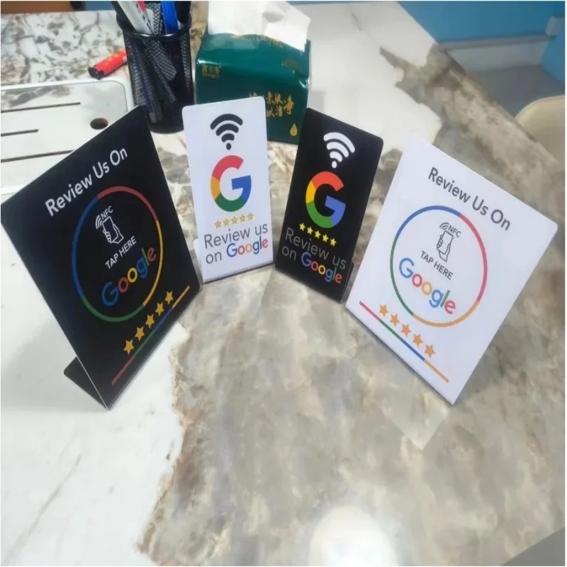 13.56Mhz programmable Google Review Card NFC station table NFC Google Reviews display bending card standing brand bracket 1