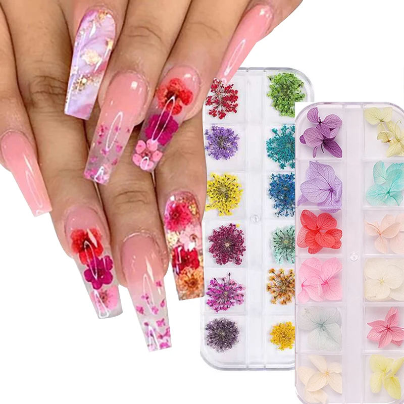 Dried Flower Set 300colors Nail Art Mixed Shape With Bottle 3D Dry Flower Nail Japanese UV Gel Nails Manicure Tips