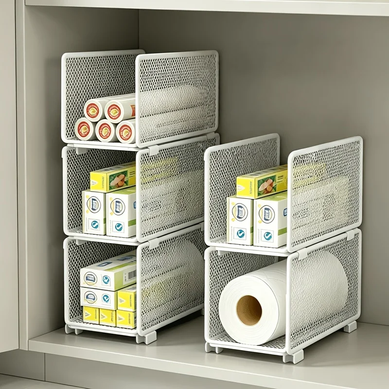 Cestini Impilabili per Organizzazione Cucina, Porta Rotoli di Carta, Pellicola Alimentare e Barattoli di Spezie, Scaffali per Armadietti Domestici - immagine 5