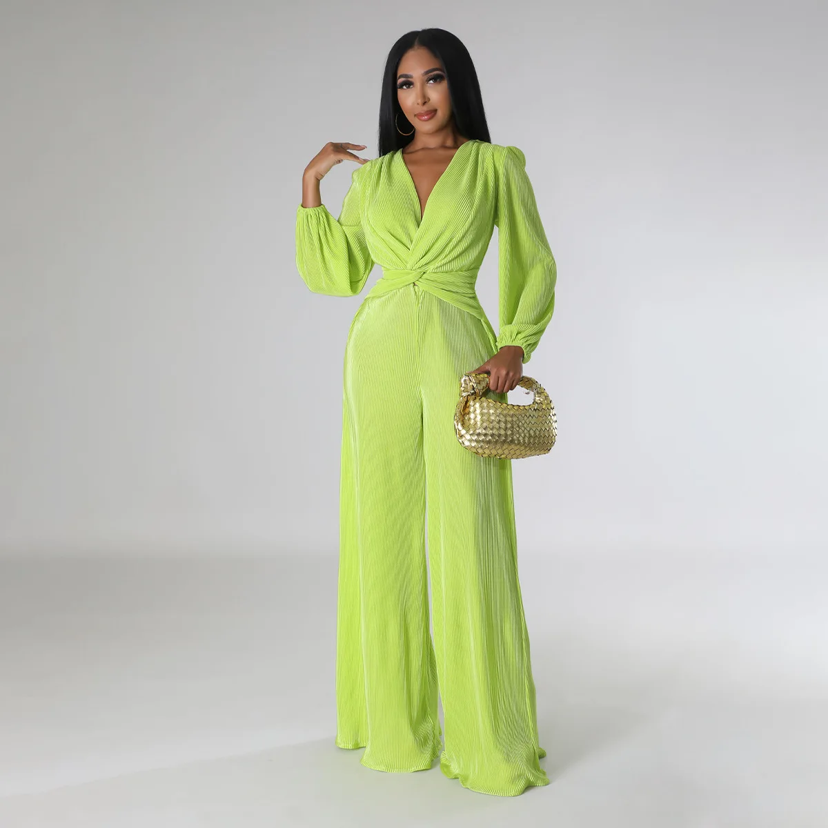 Autumn Winter Fashion Solid Pleated Jumpsuit Women Casual Loose V-neck Long Sleeved Wide Leg Pants Jumpsuit Women