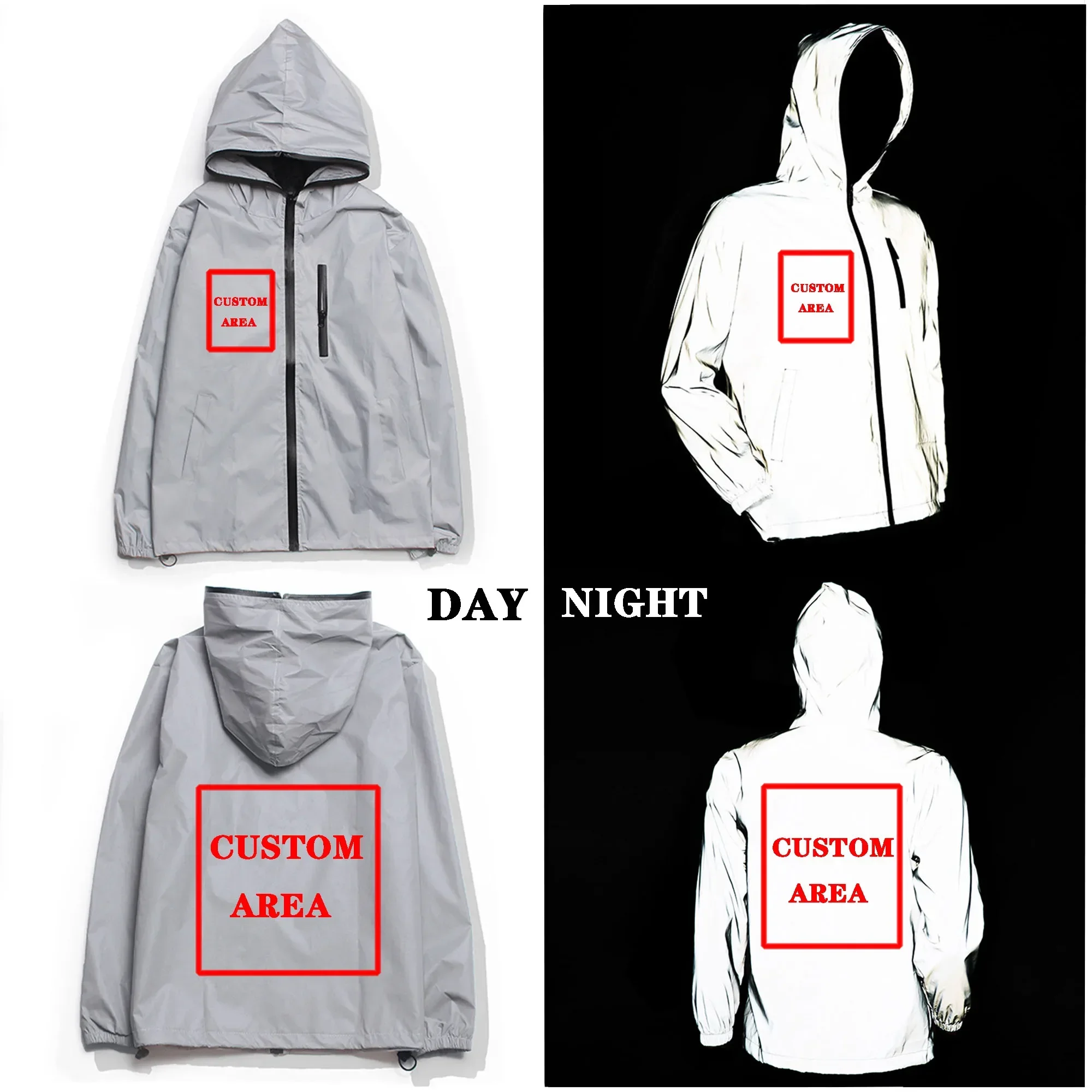 Custom Reflective Jacket Mens Womens Coat Hooded Windbreaker Runing Pocket Jackets Cycling Hiking Zipper Customized Hoodie