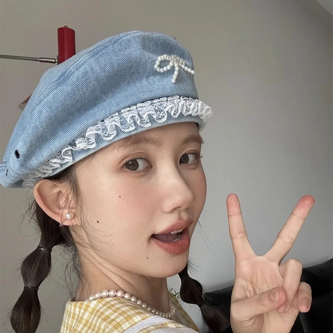 Denim Pearl Bow Kont Beret Cap Korean Vintage Y2k Lace Hat Summer Designer Female Thin Denim Beach Travel Sunscreen Painter Cap 4