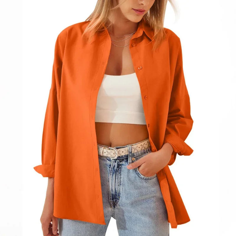 

Spring Solid Office Lady Tops Casual Loose Long Sleeve Shirt 2023 Autumn Button Women Clothes Fashion Cotton Blouse Blusas 24911