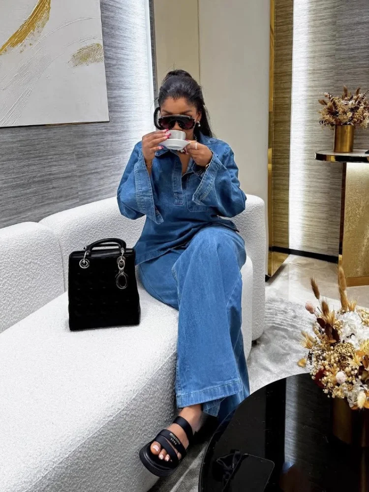 Wmstar Two Piece Set Denim Women Wholesale New Woman Sets Long Sleeved Lapel Pocket Top Lace Up Straight Leg Trousers 2025