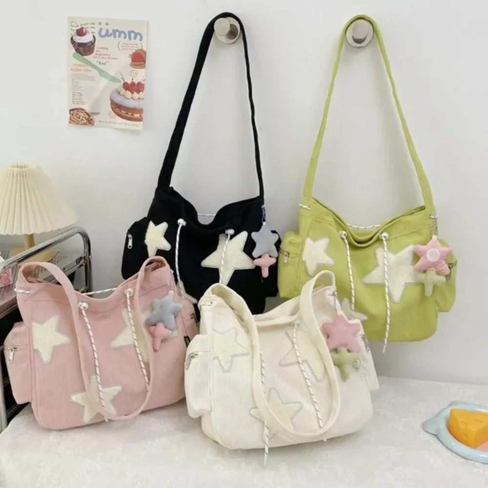 

Women Kawaii Star Pattern Corduroy Crossbody Bag Casual Tote Lady Simple Large Capacity Shoulder Bag Girl Travel School Bookbag