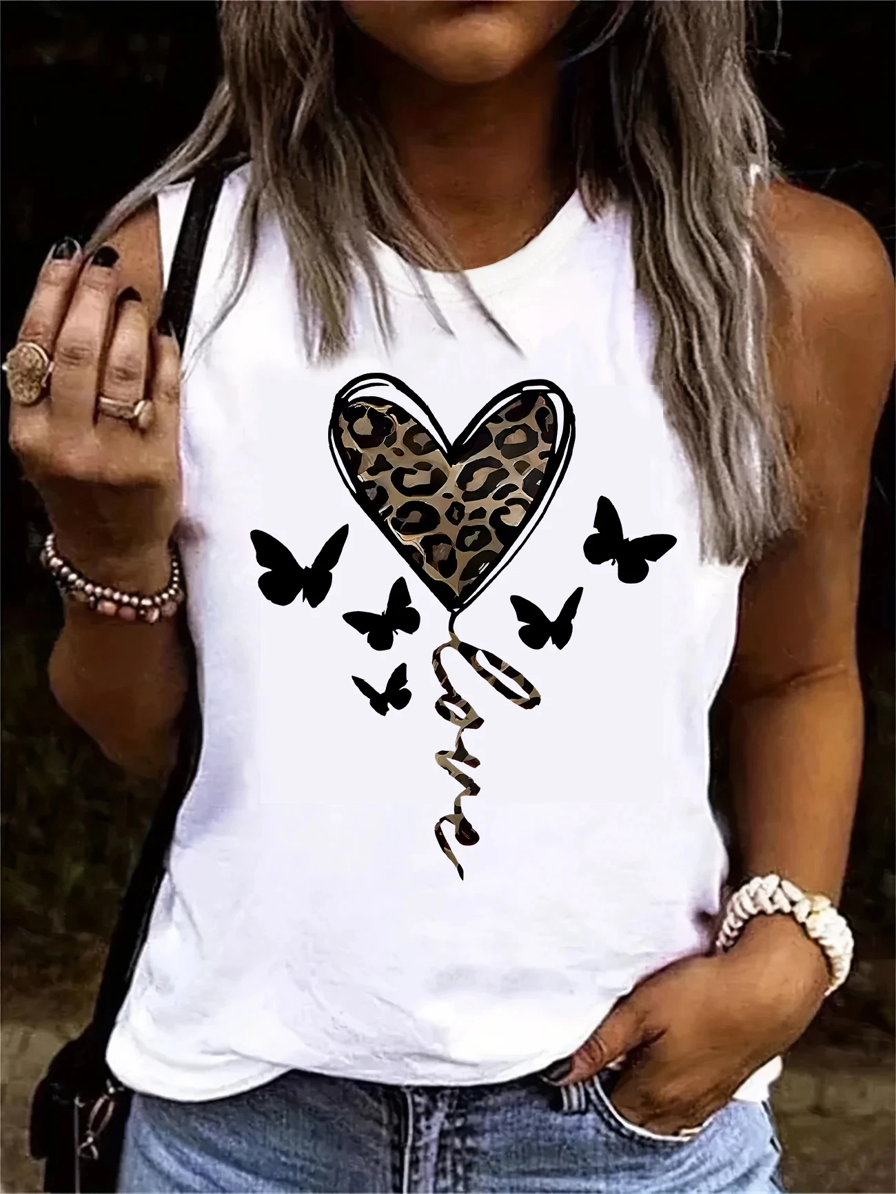 Leopard and Butterfly Graphic Sleeveless Women's Casual Tank Top