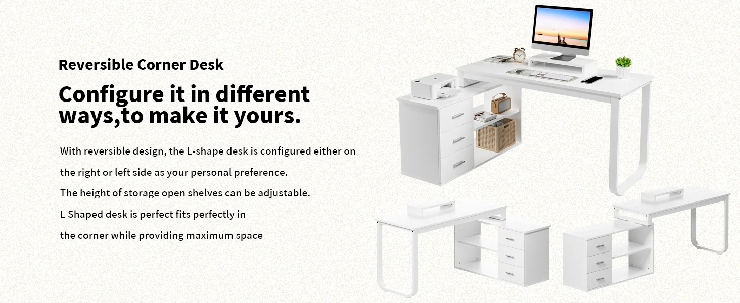 White L Shaped Desk with 3 Storage Drawers
