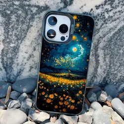 Sunflowers & Starry Night Art Aesthetic Phone Case - Vibrant Laser - Engraved Cover - iPhone 14 (CH - Black SGHT 4)