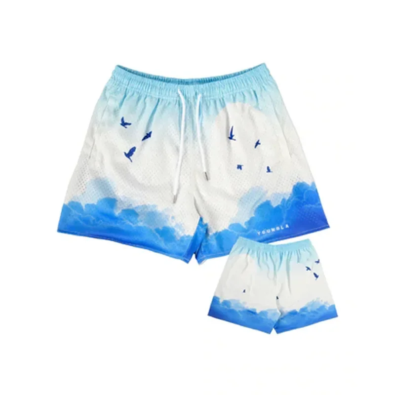 Summer New Men's Beach Vacation Basketball Loose Fit Mesh Shorts Quater Pants Skateboard Sportswear Long Trousers