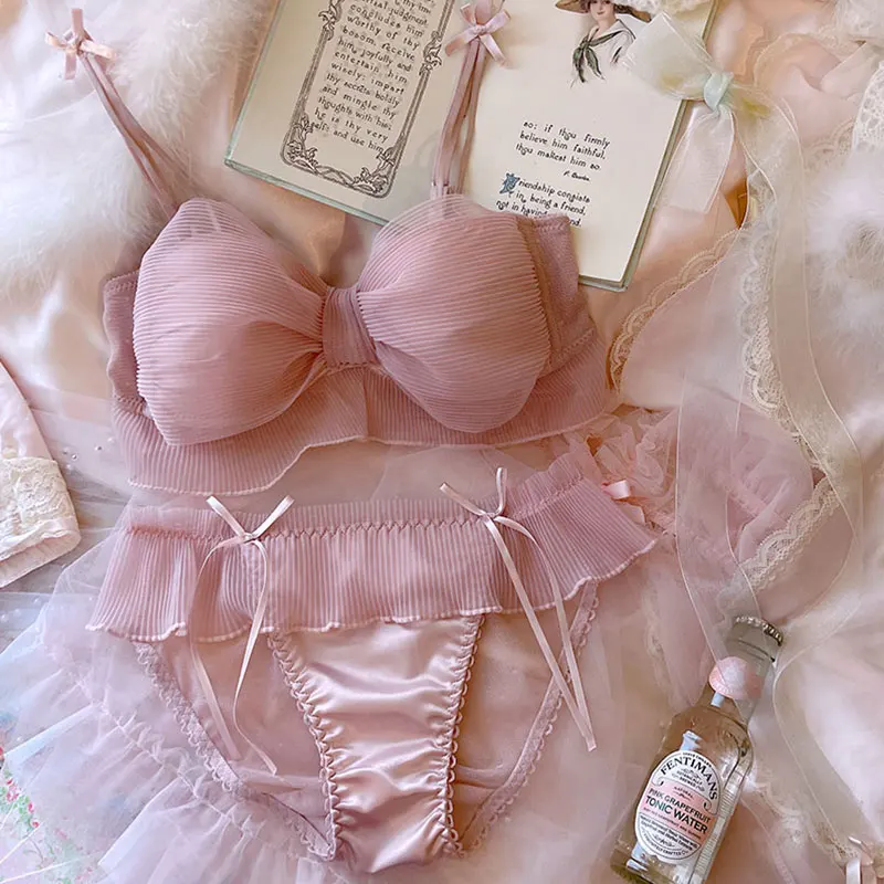

Japanese Girl Sexy Hot Kawaii Bra Panty Set Cute Underwear Bow Ruffles White Black Pink Plus Size Lingerie Lolita Bra Panties bh