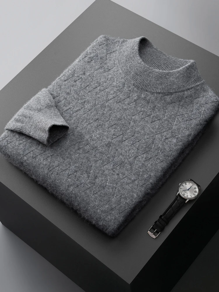 Fashion Men's 100% Pure Cashmere Sweater Semi-High Neck Knitted Pullovers Loose Warm Sweater Youth New Jacket Autumn Winter Tops