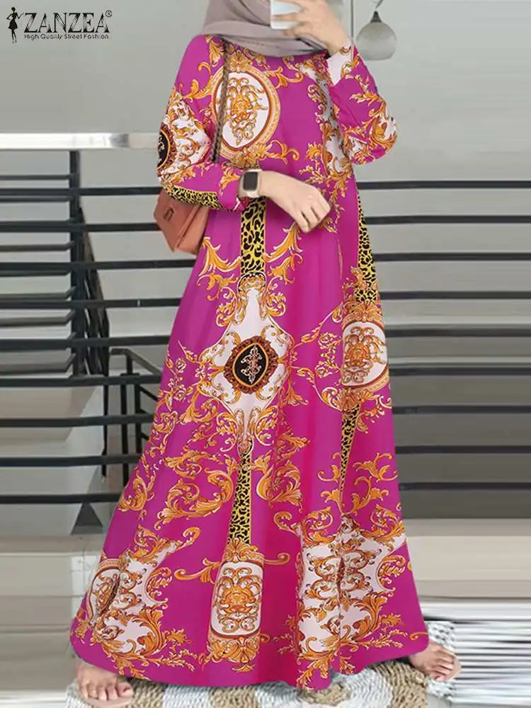 

Мусульманское Модное Длинное Платье Abaya ZANZEA, женский длинный сарафан, Элегантное повседневное свободное платье с длинным рукавом, богемное Платье с принтом, 2024