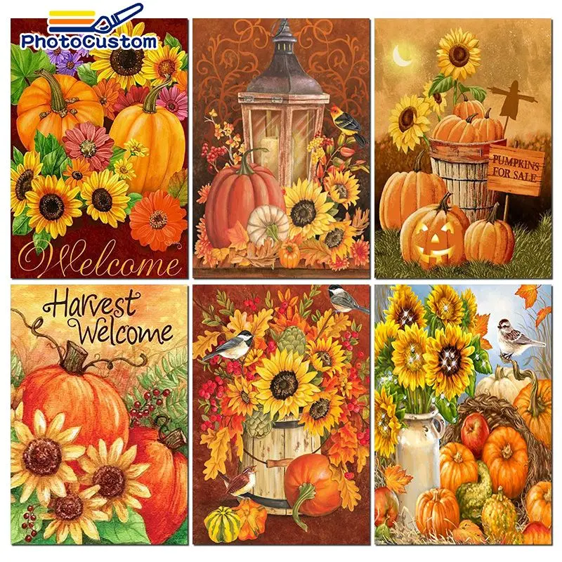 

PhotoCustom Oil Painting By Number Pumpkin Sunflower Full Kits Diy Painting By Number Painting Home Decor