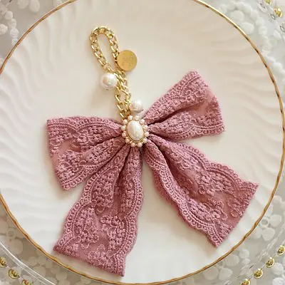 Japanese Cute Girls Pearl Rhinestone Gem Bow Bag Charms Handmade Dream Plaid Lace Handbag Pendant Sweet Bag Accessories